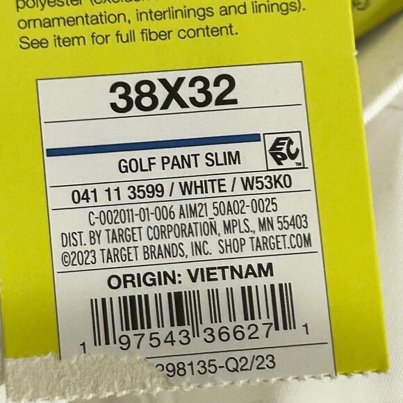 All In Motion Golf Pants Mens 38x32 White Slim Fit Stretch Wrinkle Resistant NEW - Picture 5 of 16